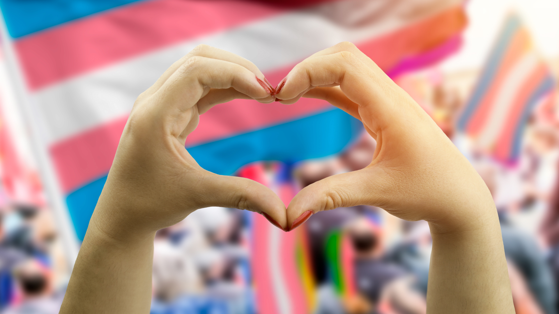 close up hands creating a heart with transgender flag in the background