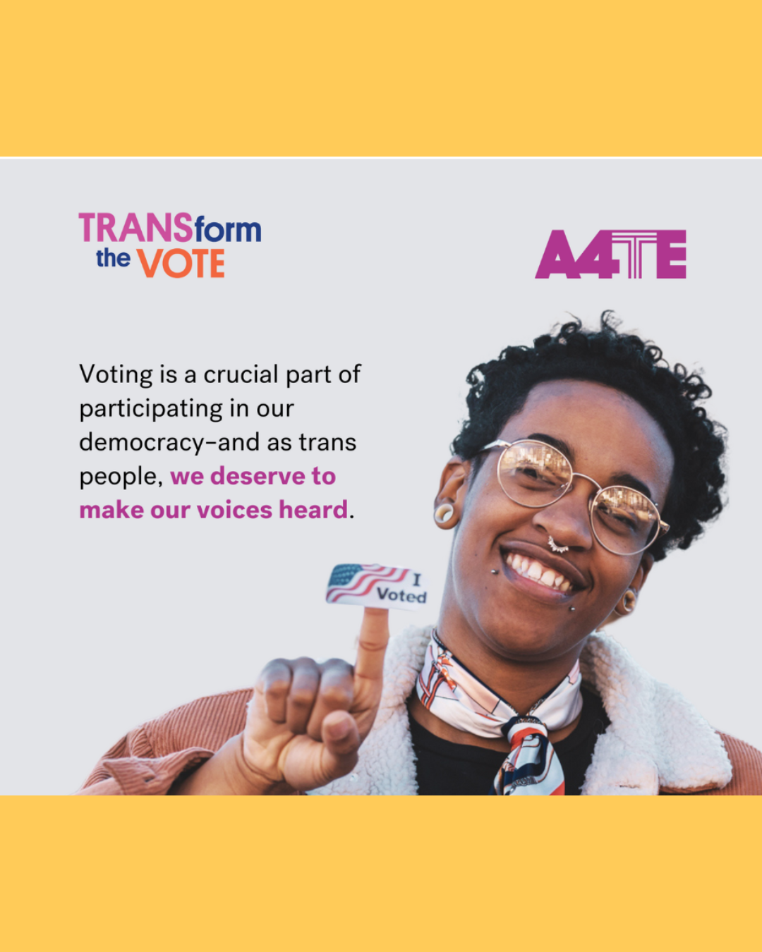 Person with glasses and short curly hair smiling holding I Voted sticker