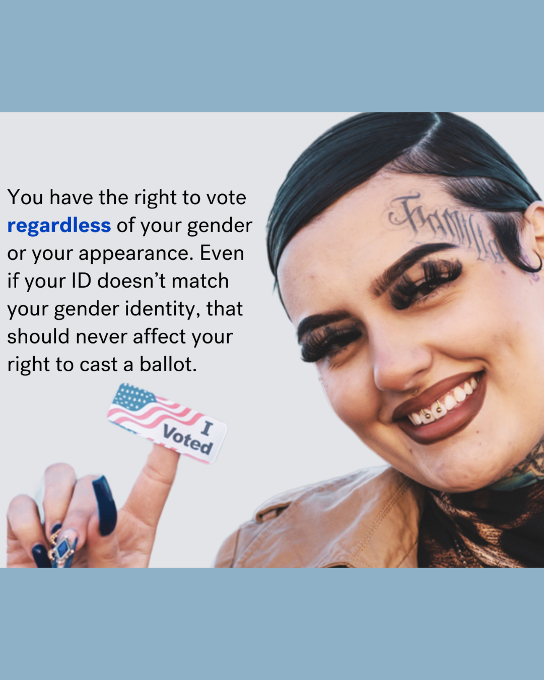 Person with short hair, big eyelashes, a tattoo on their temple holding a sticker that says, 