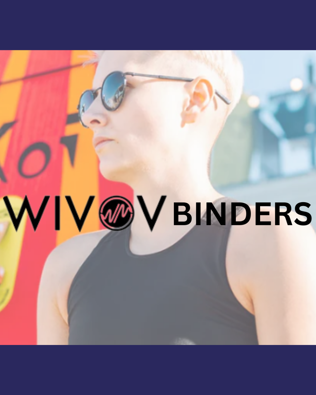 Person with yellow hair and sunglasses wearing a black binder and staring off in the distance in front of a surfboard.