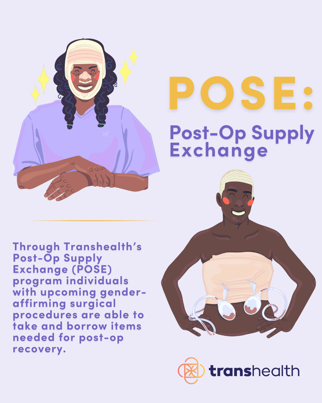 Illustrations of two people-one with facial bandages and one with a binder and drains. Both smiling. POSE- Post-op Supply Exchange.