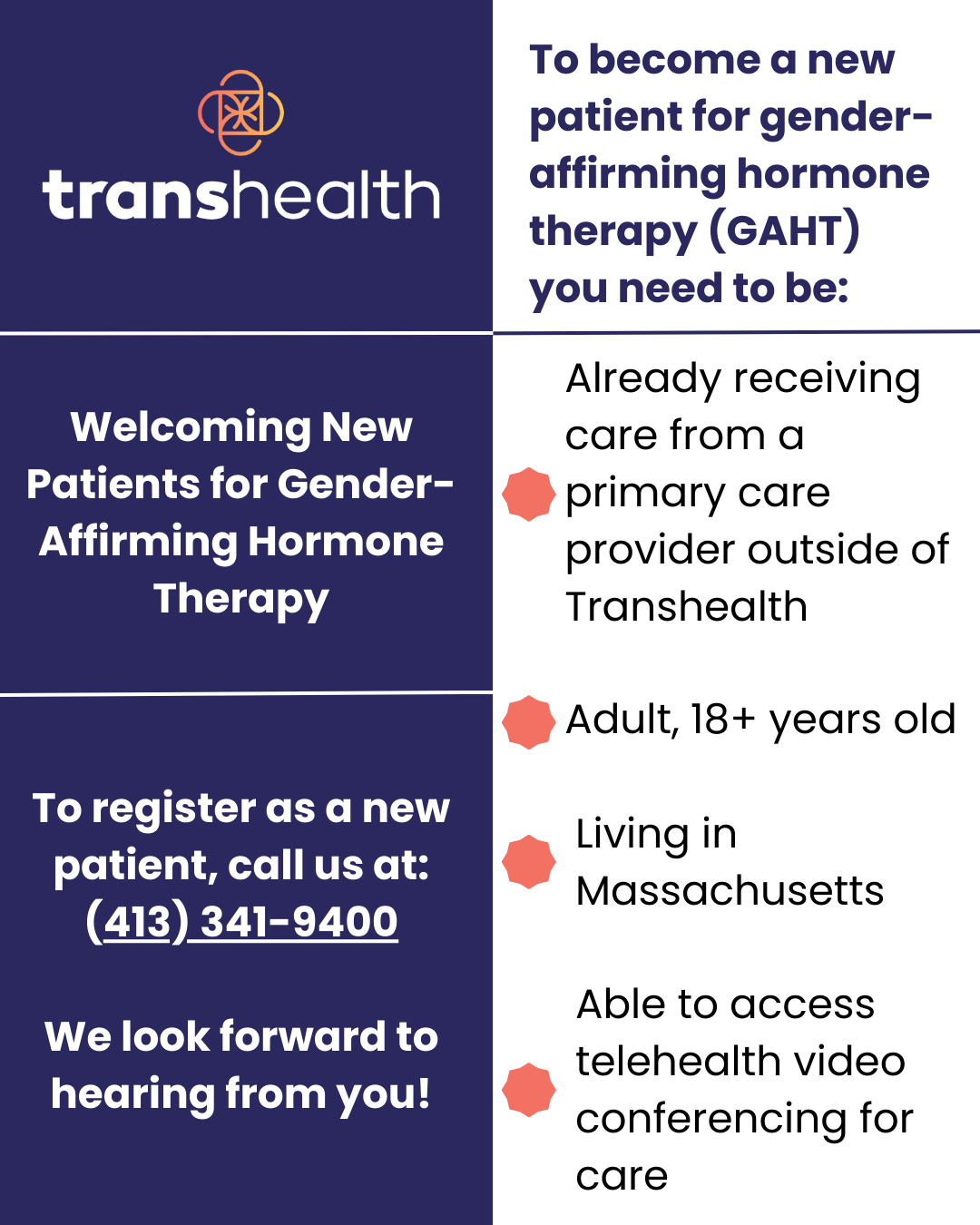 Half blue and half white background with black and white writing. Transhealth logo.