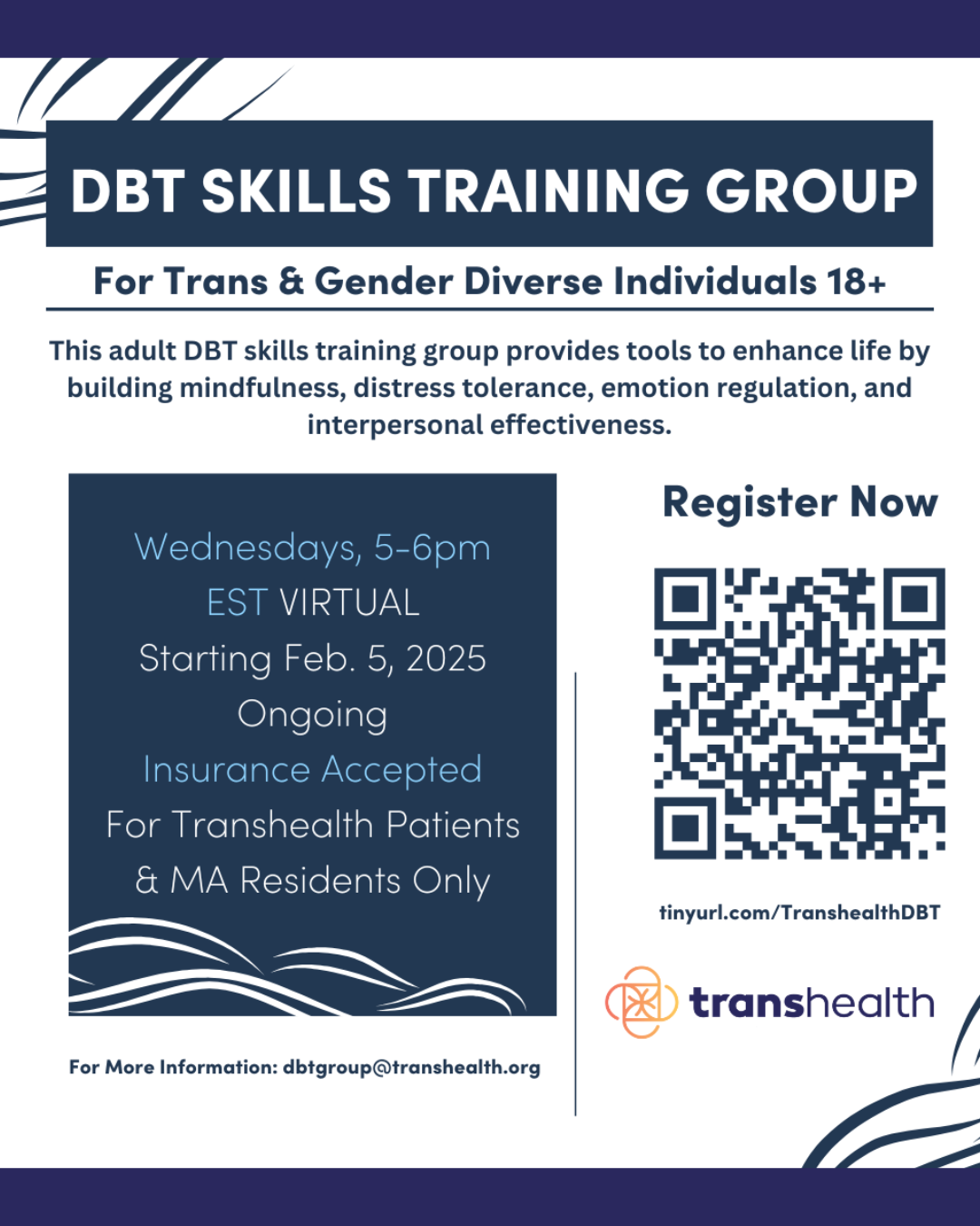 White and blue boxes containing writing; wavy accent lines; Transhealth logo; QR code.