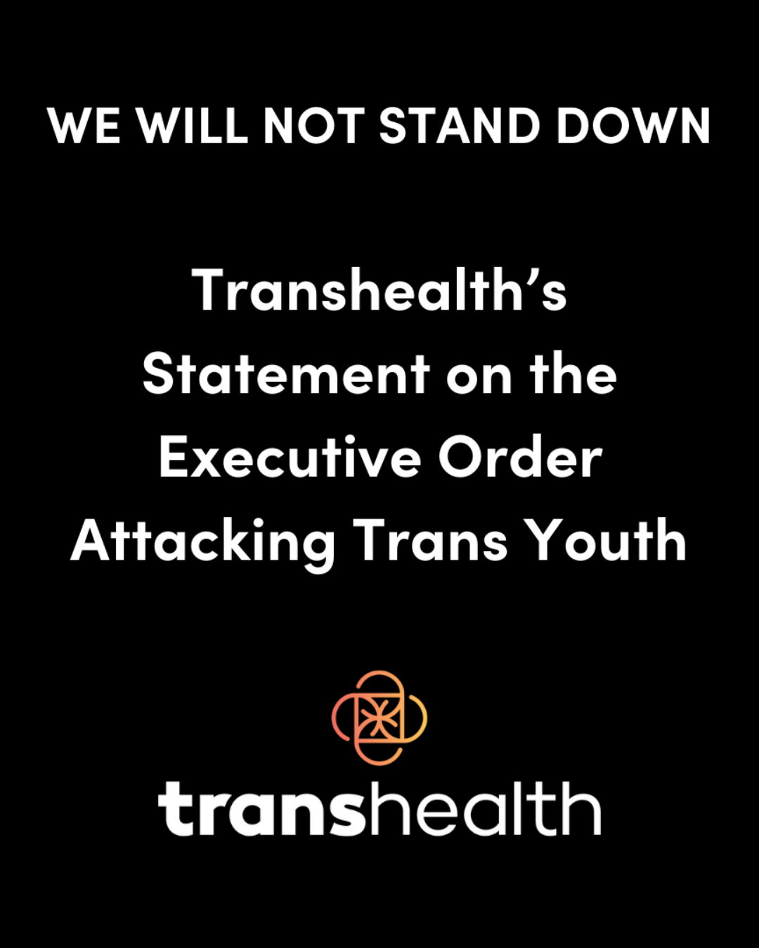 Black background and white letters with transhealth logo.