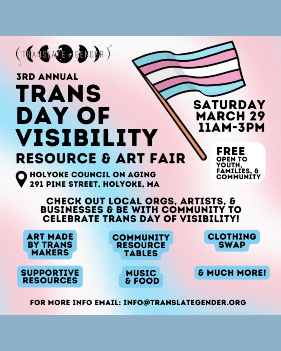 We are thrilled to sponsor the 3rd Annual @translategender Trans Day of Visibility Resource and Art Fair! Connect with local organizations, artists, and businesses, and be with community to celebrate Trans Day of Visibility!