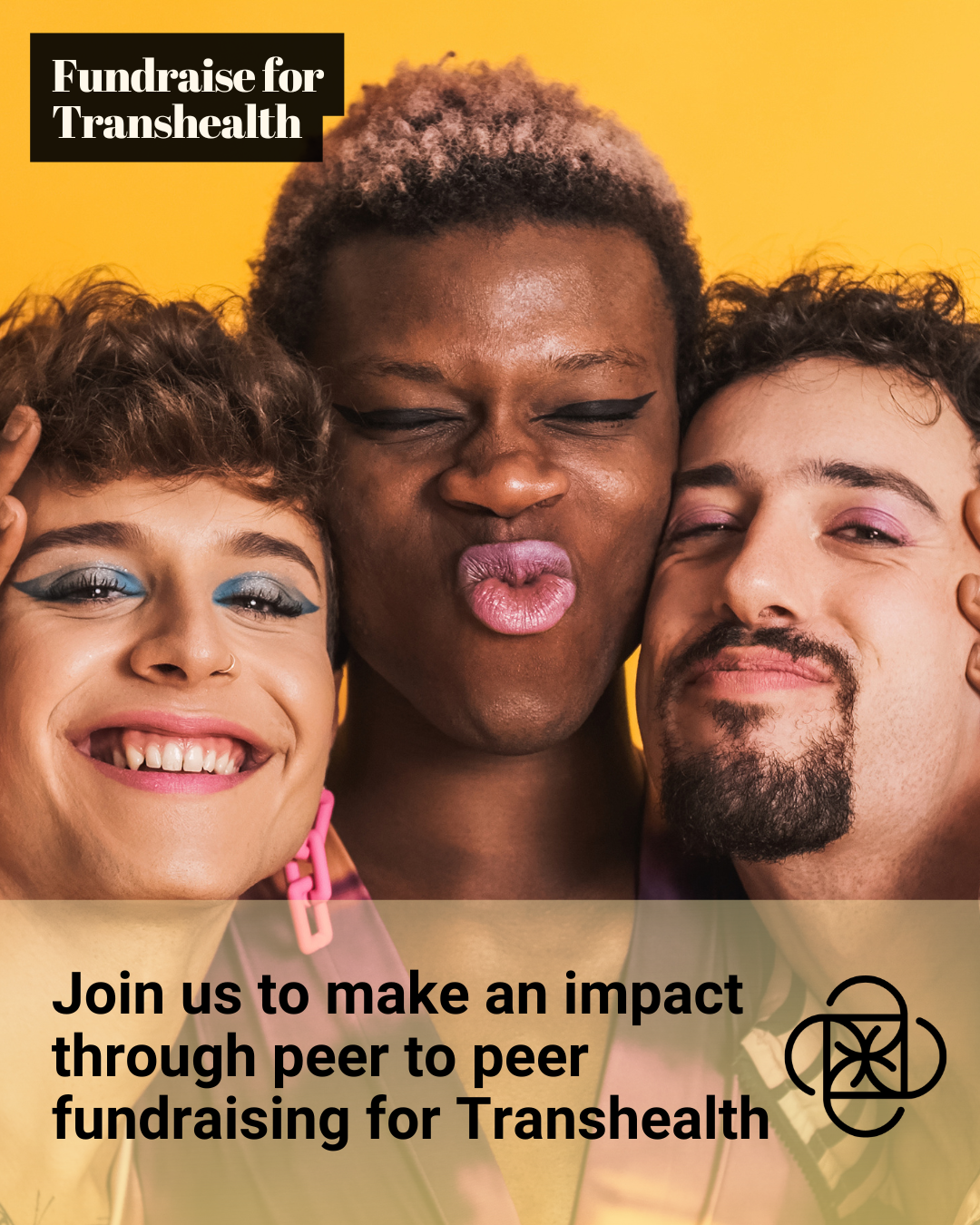 Three people in front of a yellow background. At the top it says 