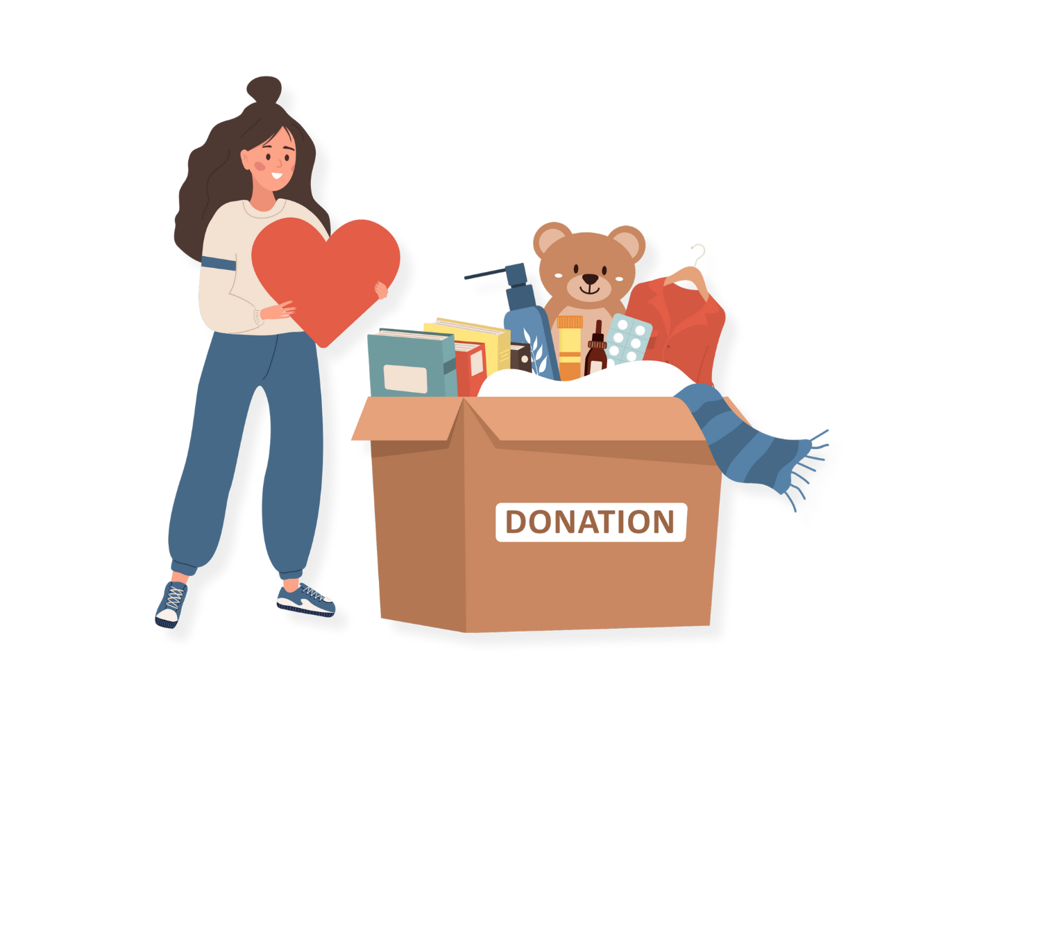 person holding heart next to box of donations