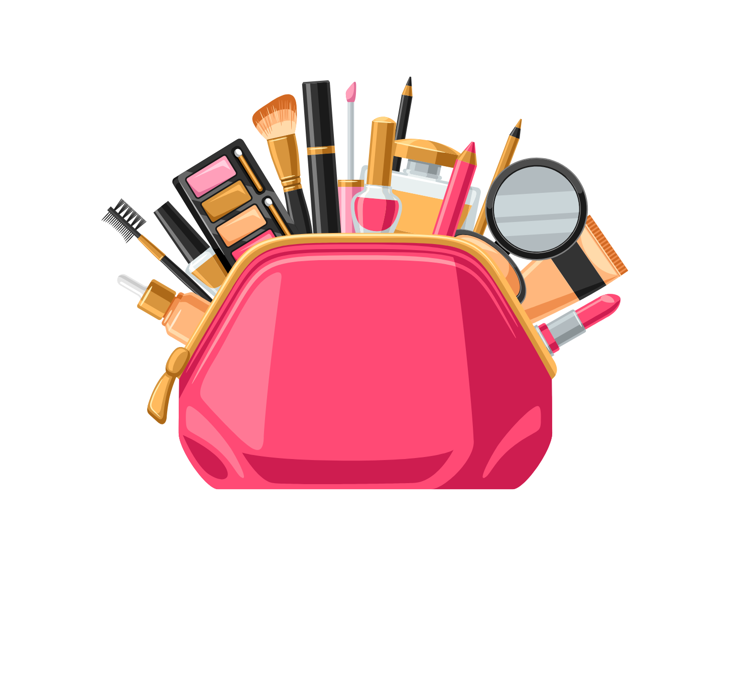 Colorful makeup in a pink bag