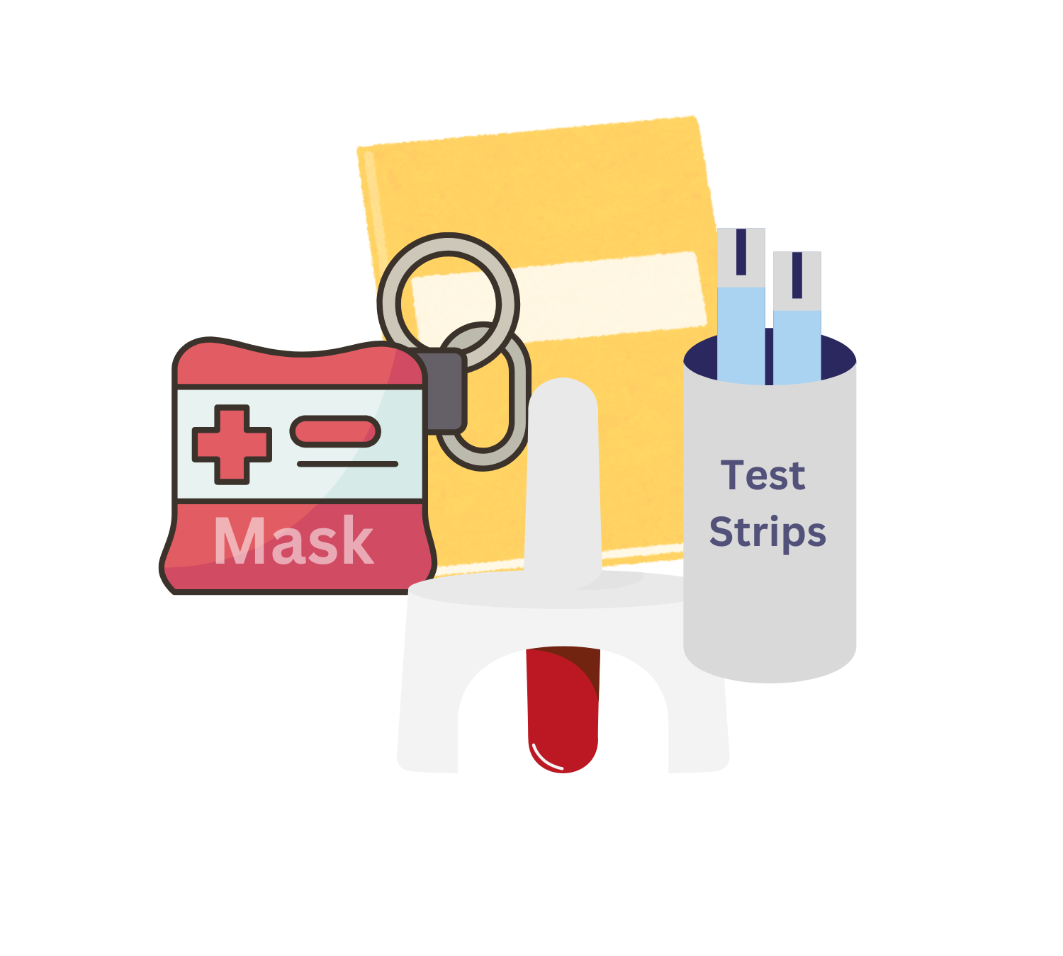 Colorful mask, Narcan, test strips, binder