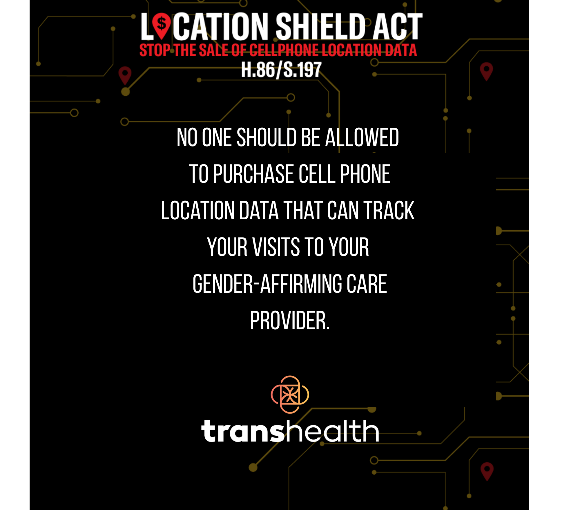 Black background- statement supporting bills preventing the sale of location data.