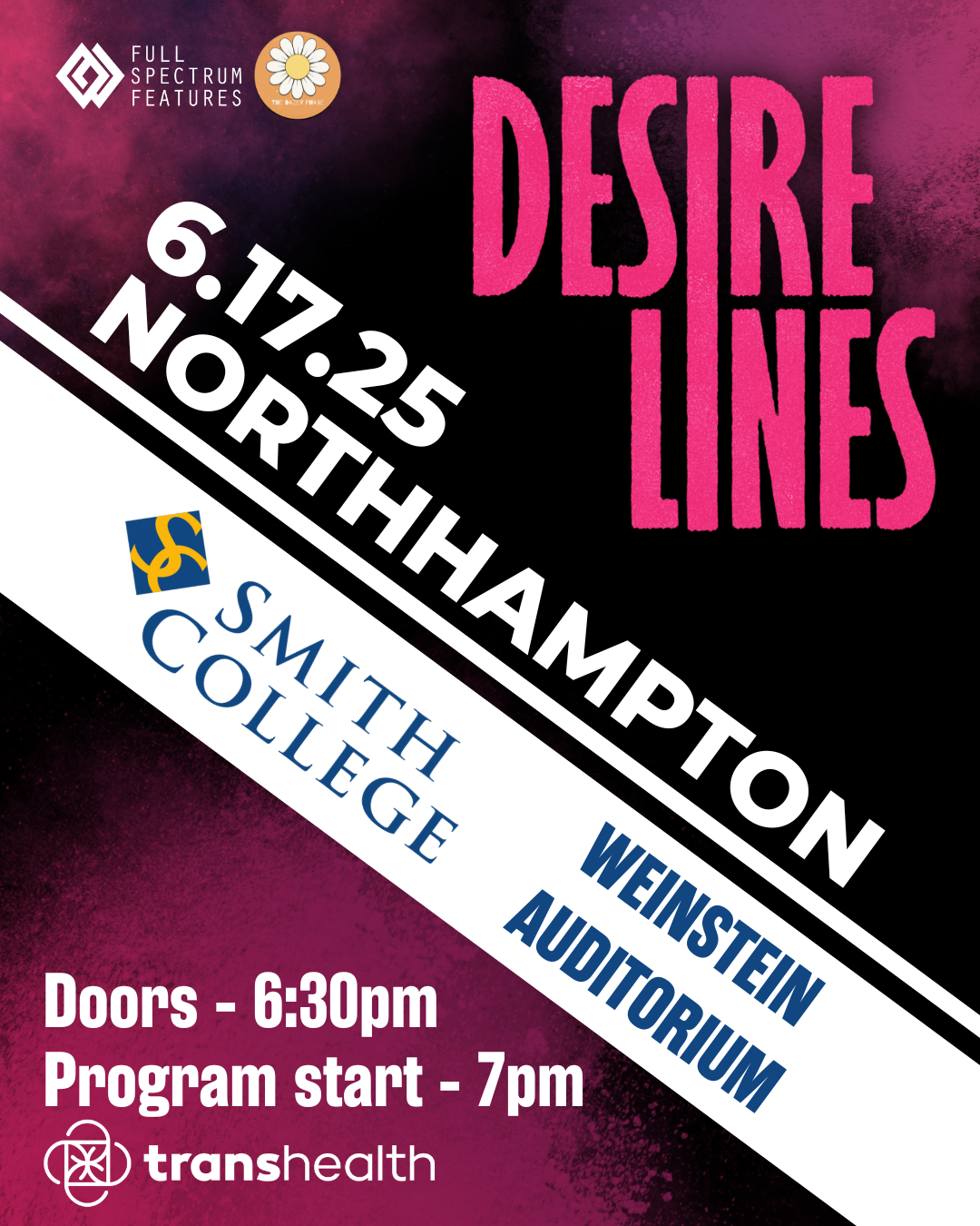 A pink and black graphic with the logos for smith college weinstein auditorium, transhealth, and full spectrum features. The title reads: 