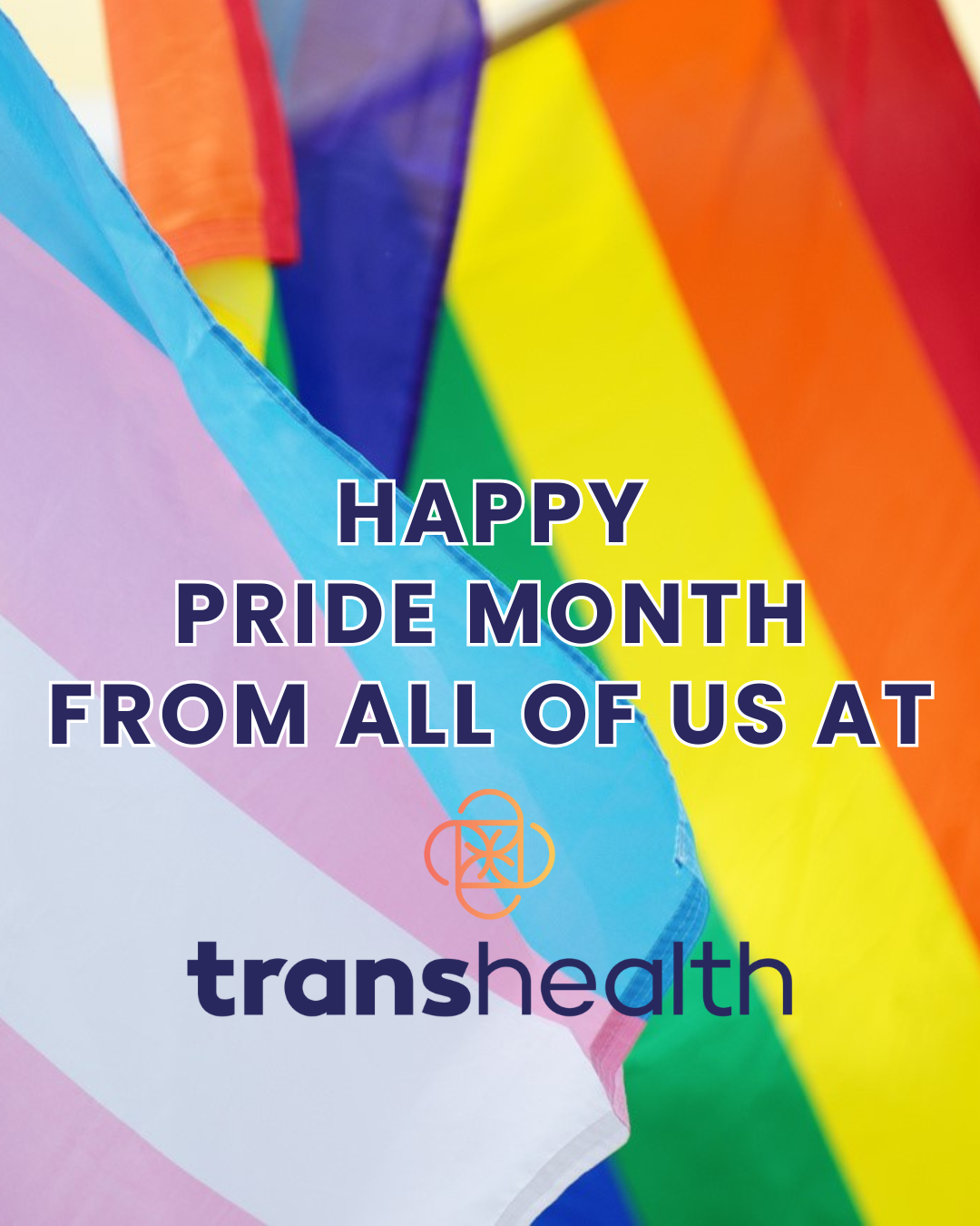 A transgender flag and rainbow pride flag are flowing in the breeze next to each other. Overlaid on the flags is the text, 