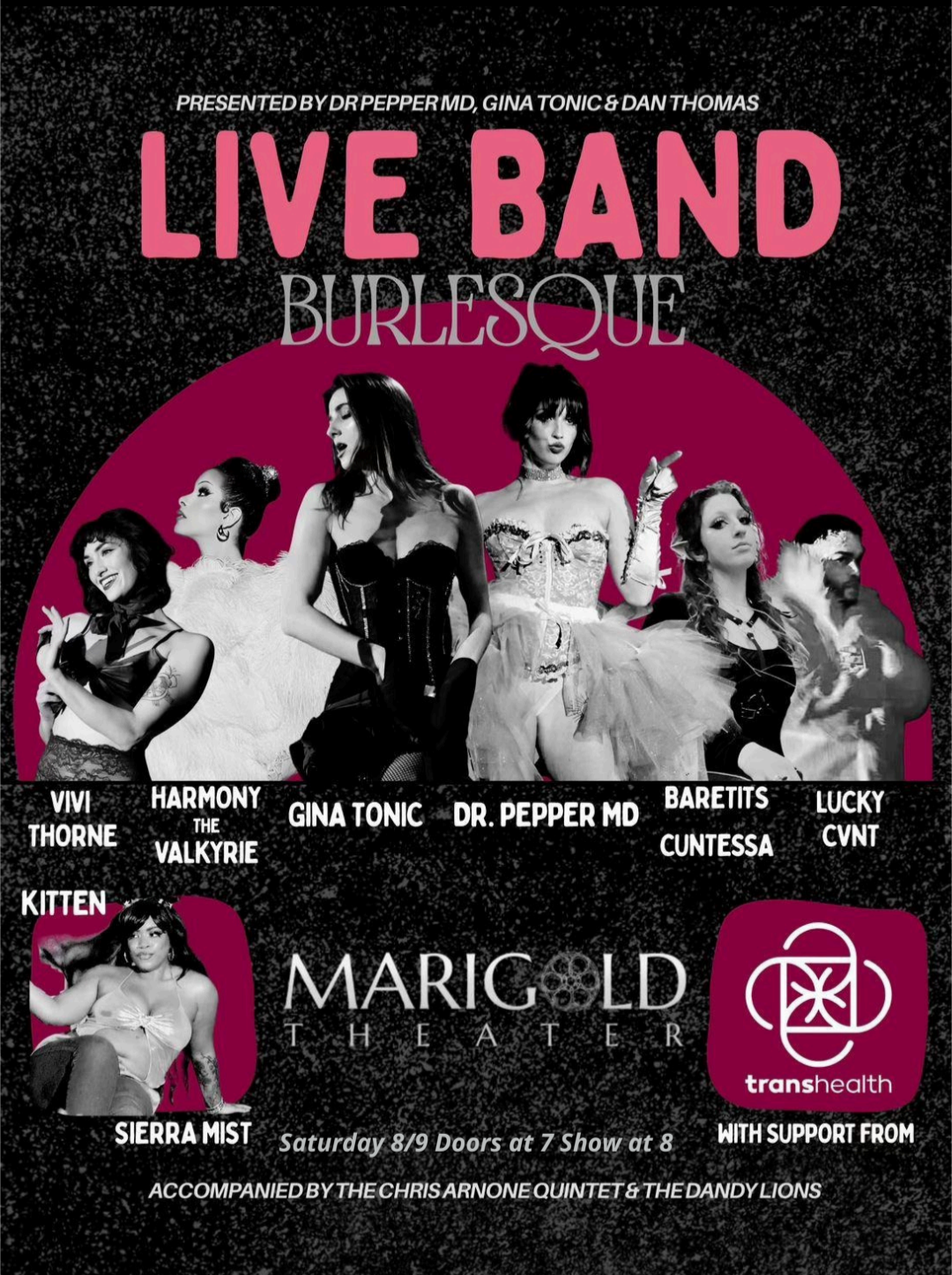 A black background with a lineup of performers smiling in the middle. The text of the assets reads: \