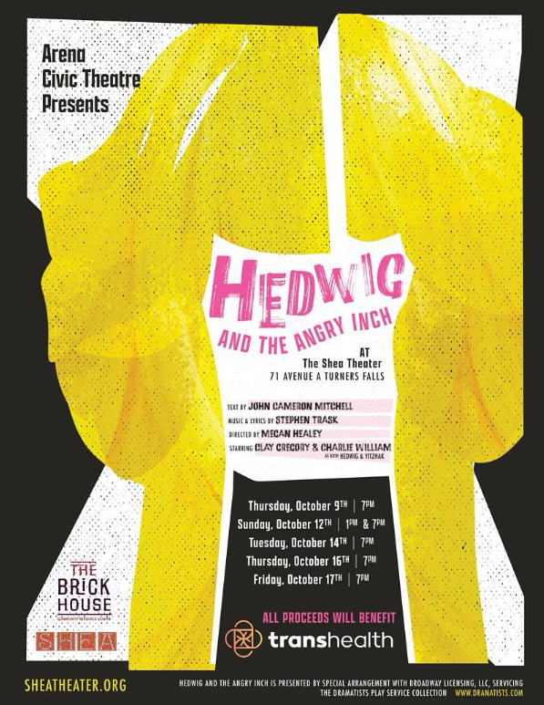 Blonde wig against a black and white backdrop! Hedwig and the Angry Inch. Transhealth logo
