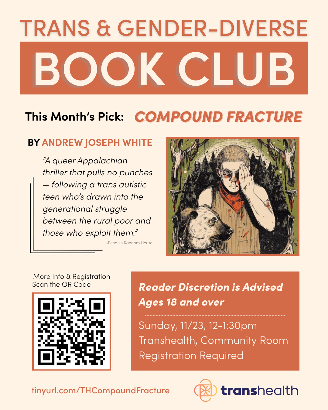 Orange text boxes against peach background. QR code. Transhealth logo. Illustration of person in the woods with their dog.