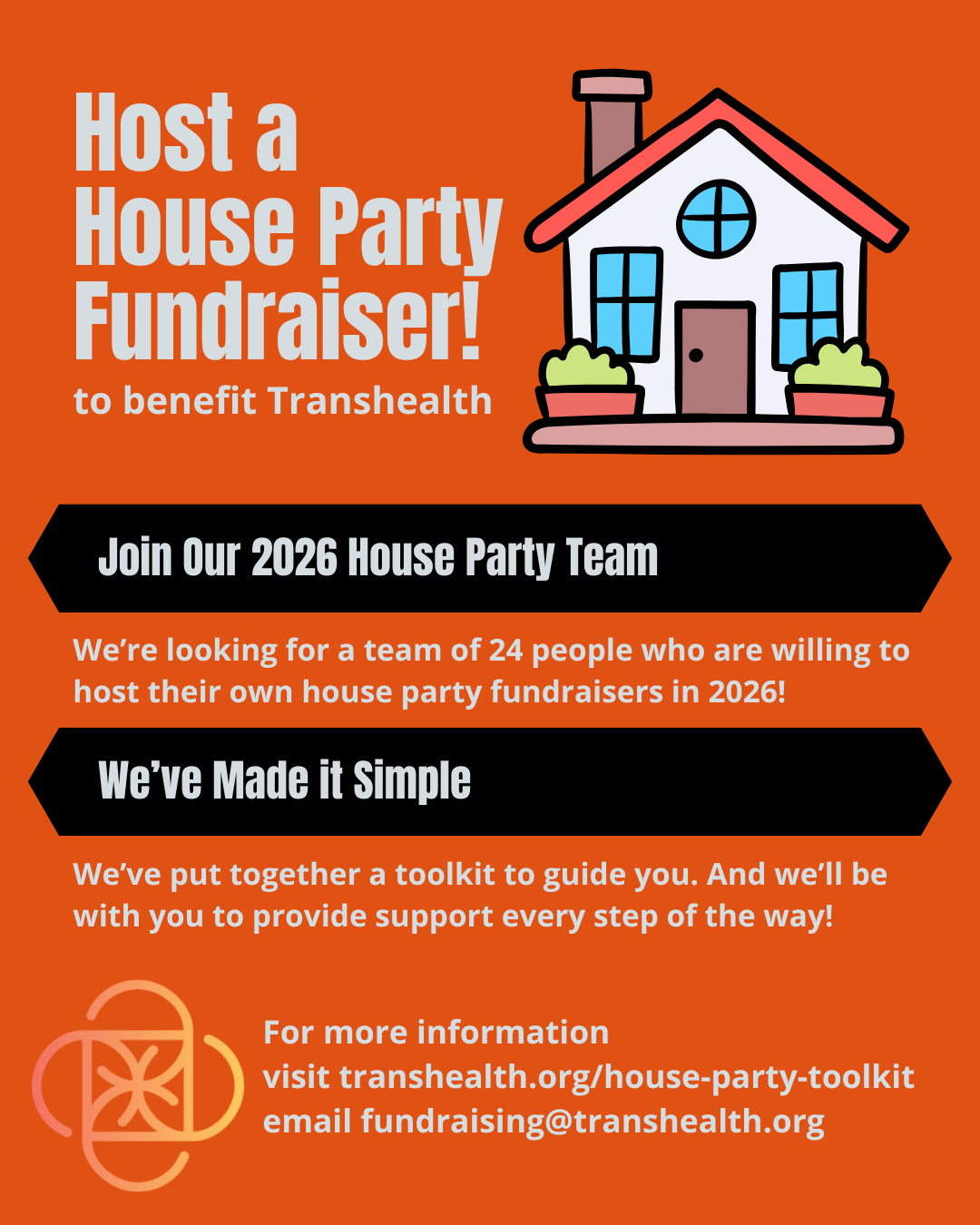 Orange background with a graphic of a two story tan and brown house in the right upper corner. Two black text boxes in the middle of the graphic with the Transhealth snowflake logo in the bottom left corner.