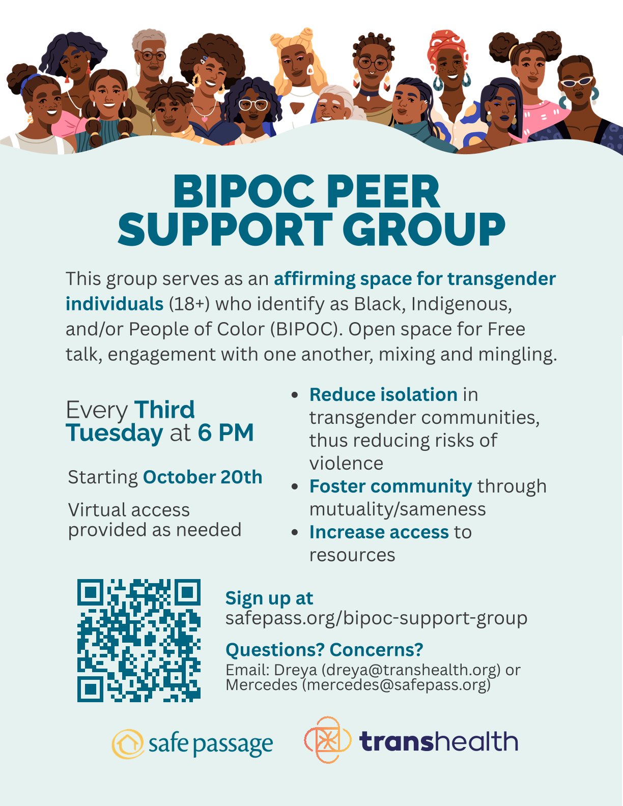 Flyer for BIPOC Peer Support Group. Top of the image includes an illustration of several BIPOC individuals. Turquoise background and text. QR code below with the Safe Passage logo and Transhealth logo at the bottom of the image.